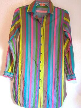 Gallo 100 Cotton Vibrant Striped Button Down Shirt Dress Size Small